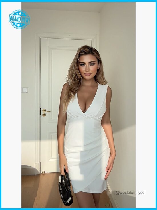 V Neck Sleeveless Faux Wrap Ruched Bodycon Cocktail Party Dress Elegant - Picture 4 of 7